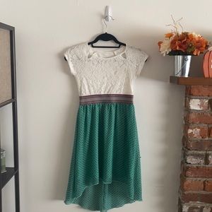 Youth, Dress, Medium, White, Teal, Lace, Casual